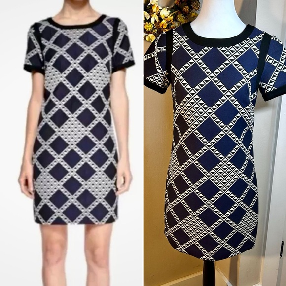 Trina Turk Dresses & Skirts - TRINA TURK  Mod Navy & Cream Geometric Diamond Print Career Shift  Dress Sz 0